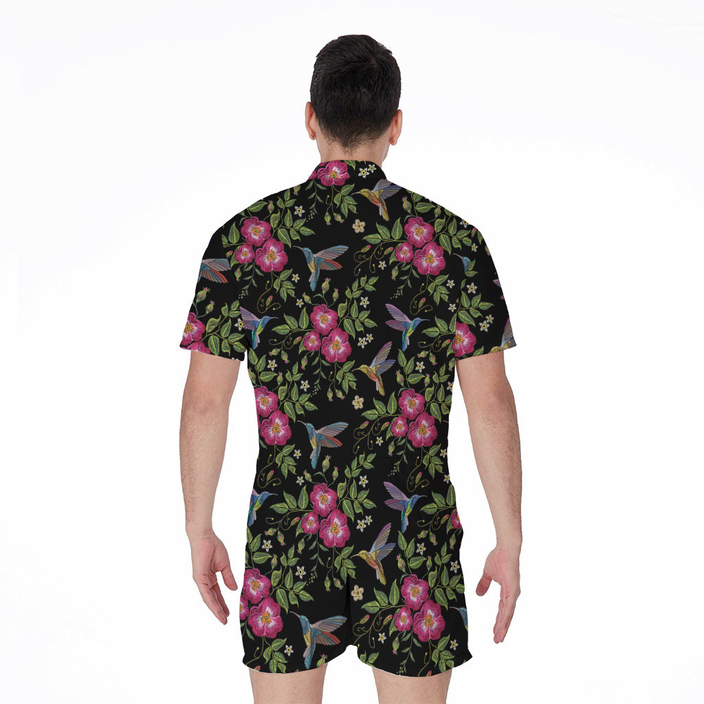 Wild Flowers And Hummingbird Print Men's Rompers