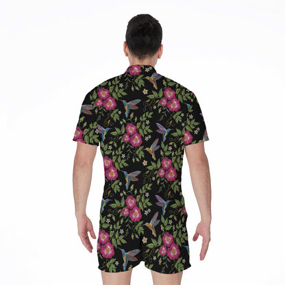 Wild Flowers And Hummingbird Print Men's Rompers