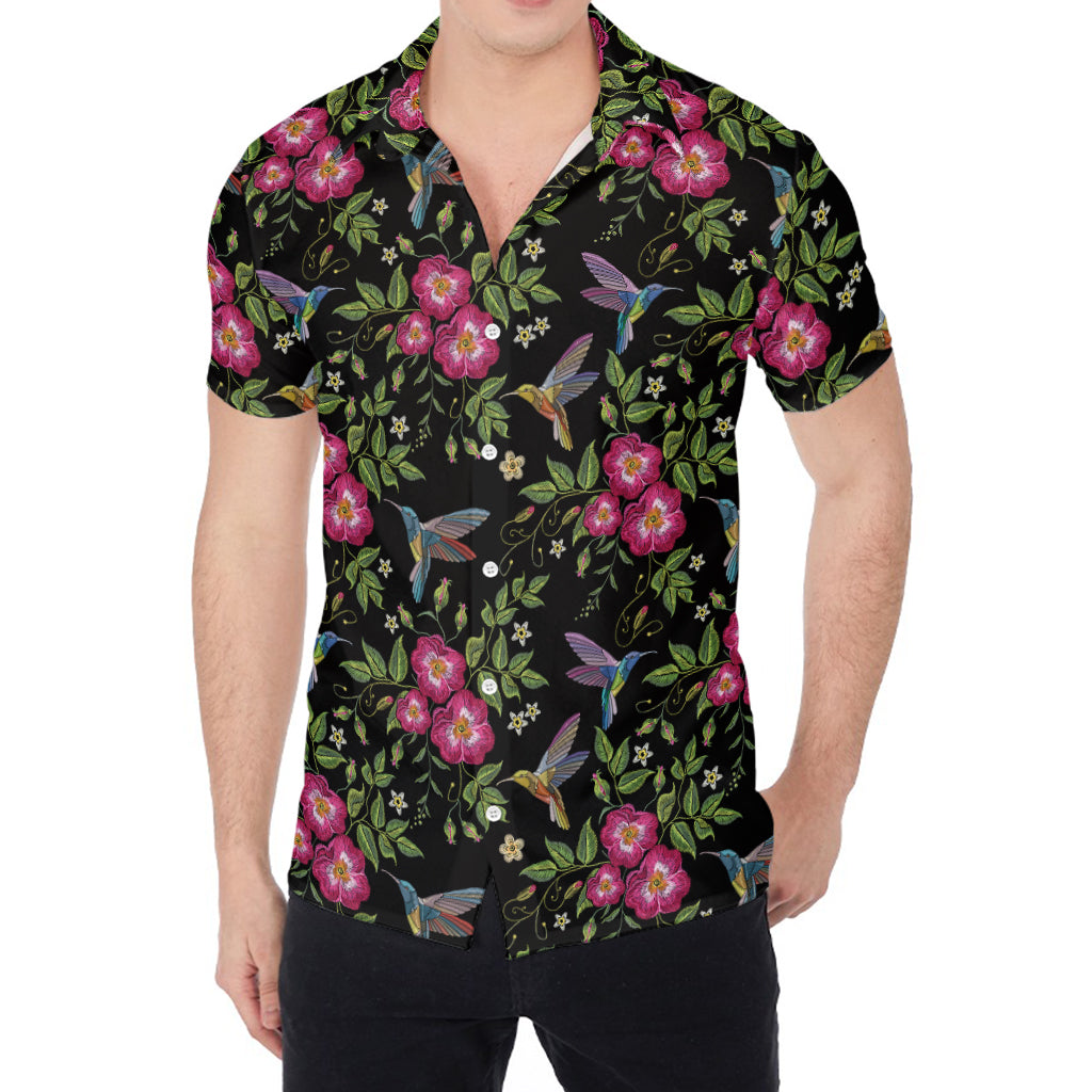 Wild Flowers And Hummingbird Print Men's Shirt