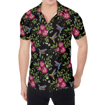 Wild Flowers And Hummingbird Print Men's Shirt