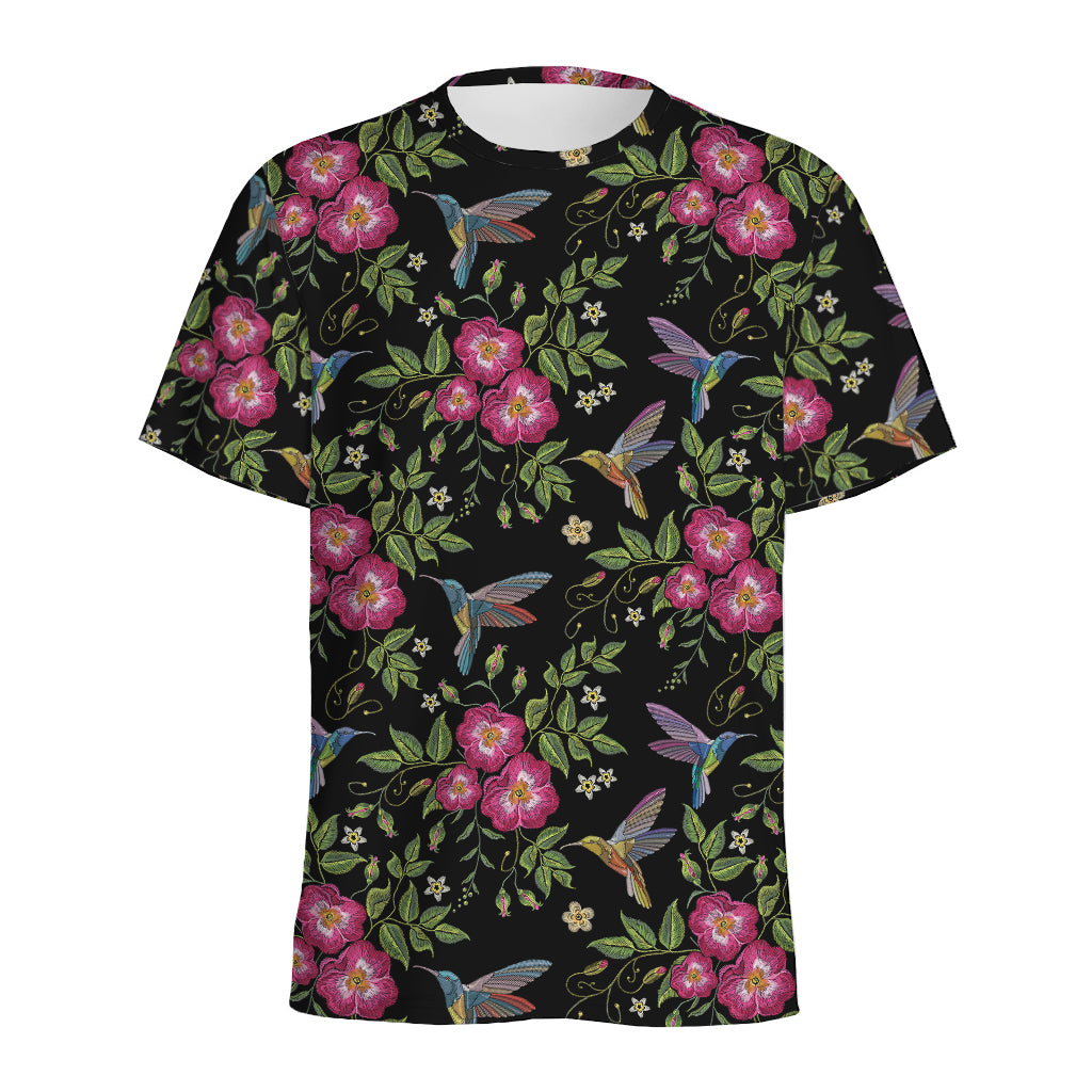 Wild Flowers And Hummingbird Print Men's Sports T-Shirt