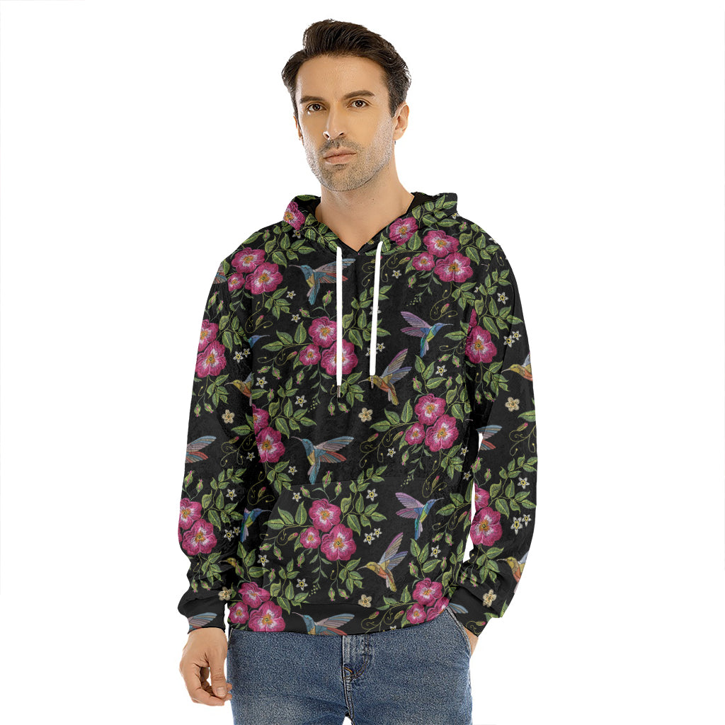 Wild Flowers And Hummingbird Print Men's Velvet Pullover Hoodie