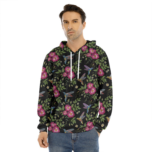 Wild Flowers And Hummingbird Print Men's Velvet Pullover Hoodie