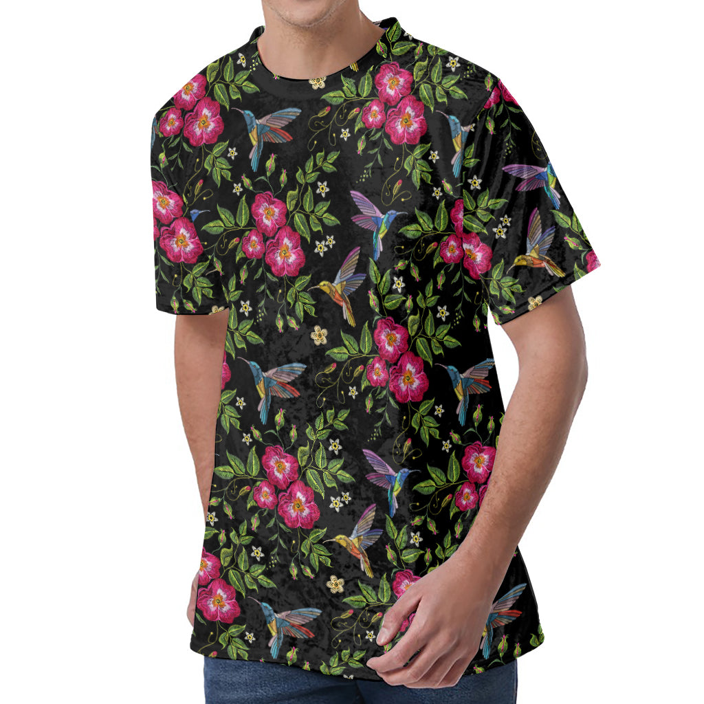 Wild Flowers And Hummingbird Print Men's Velvet T-Shirt