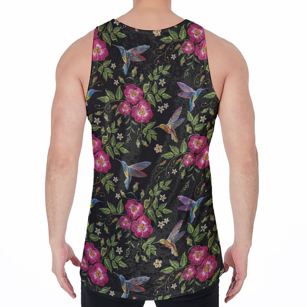 Wild Flowers And Hummingbird Print Men's Velvet Tank Top