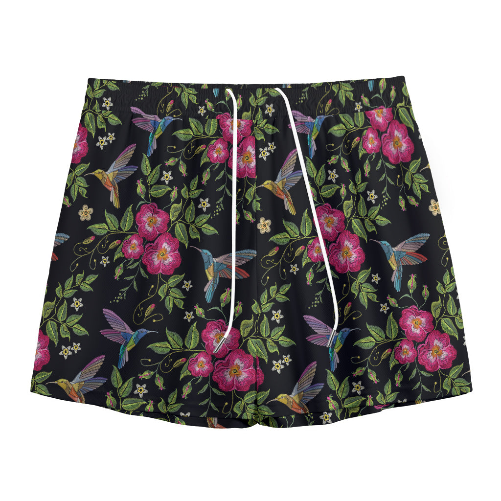 Wild Flowers And Hummingbird Print Mesh Shorts
