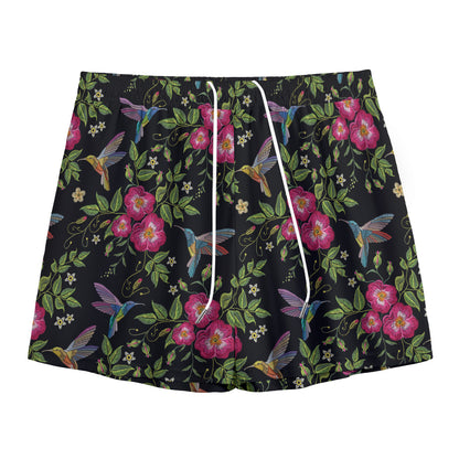 Wild Flowers And Hummingbird Print Mesh Shorts