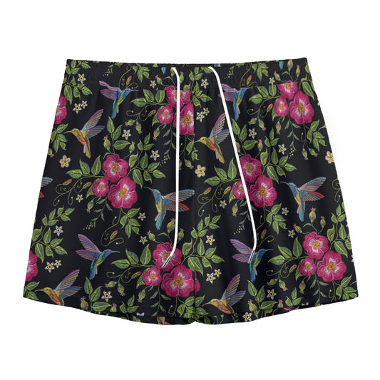 Wild Flowers And Hummingbird Print Mesh Shorts