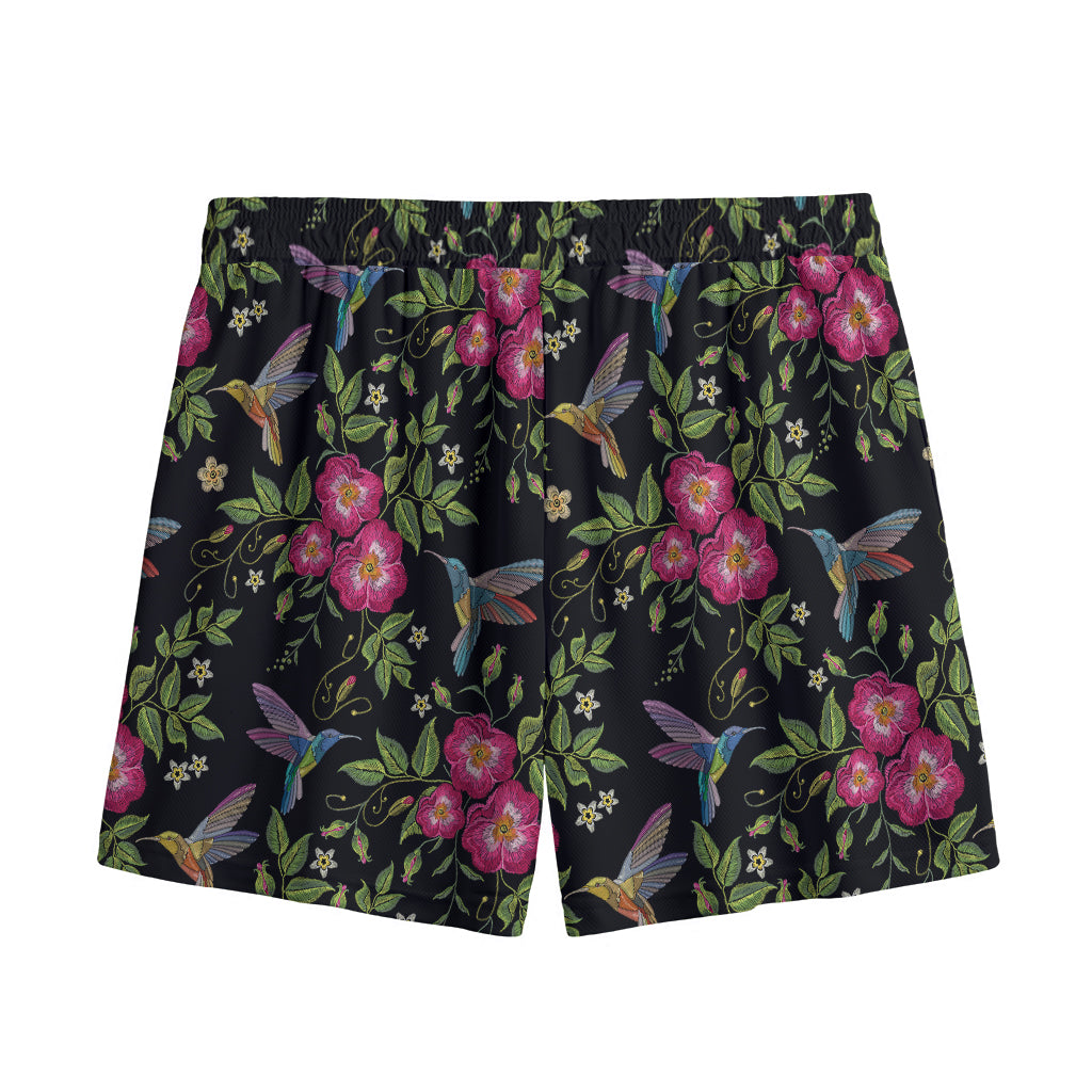 Wild Flowers And Hummingbird Print Mesh Shorts