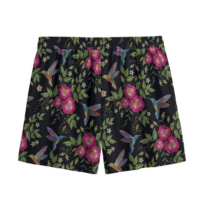 Wild Flowers And Hummingbird Print Mesh Shorts