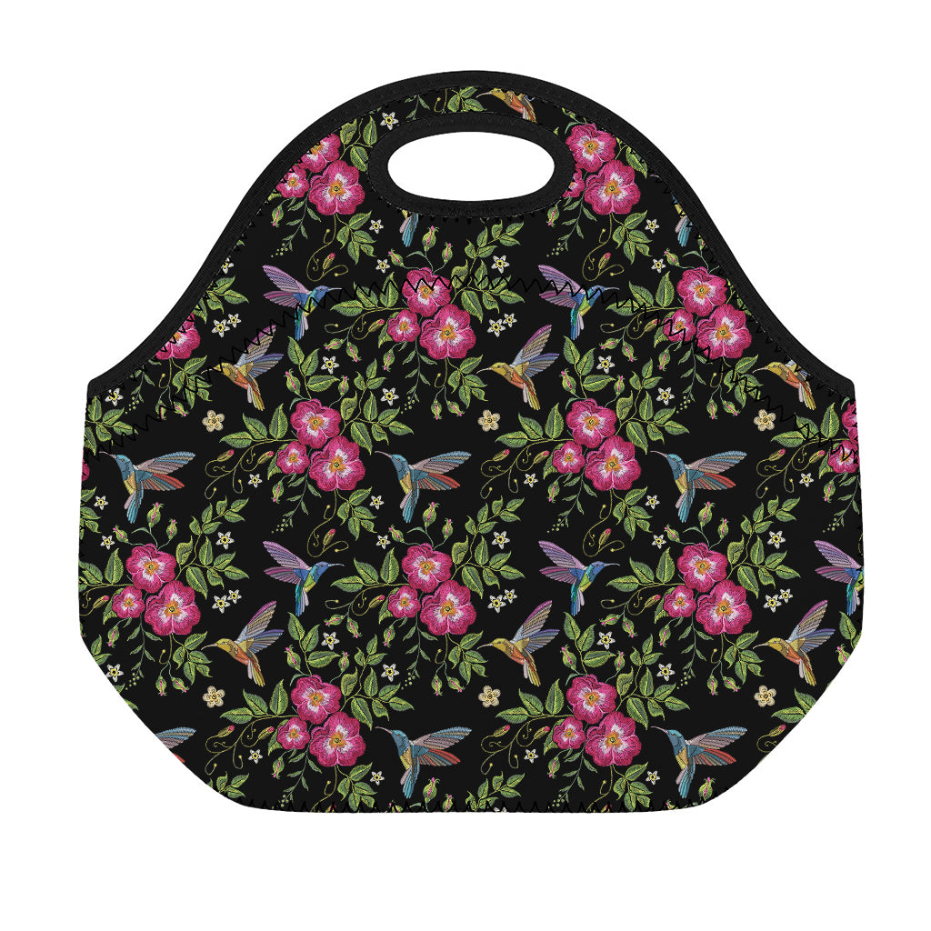 Wild Flowers And Hummingbird Print Neoprene Lunch Bag