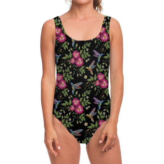 Wild Flowers And Hummingbird Print One Piece Swimsuit