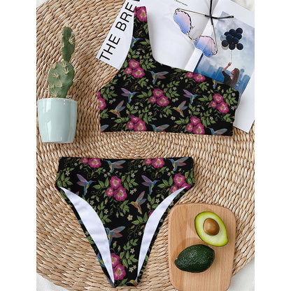 Wild Flowers And Hummingbird Print One Shoulder Bikini Top