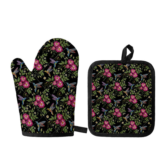 Wild Flowers And Hummingbird Print Oven Mitt And Pot Holder Set
