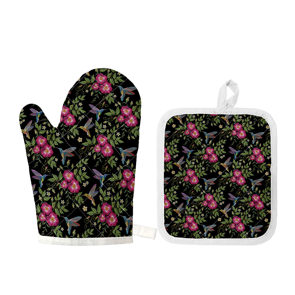Wild Flowers And Hummingbird Print Oven Mitt And Pot Holder Set