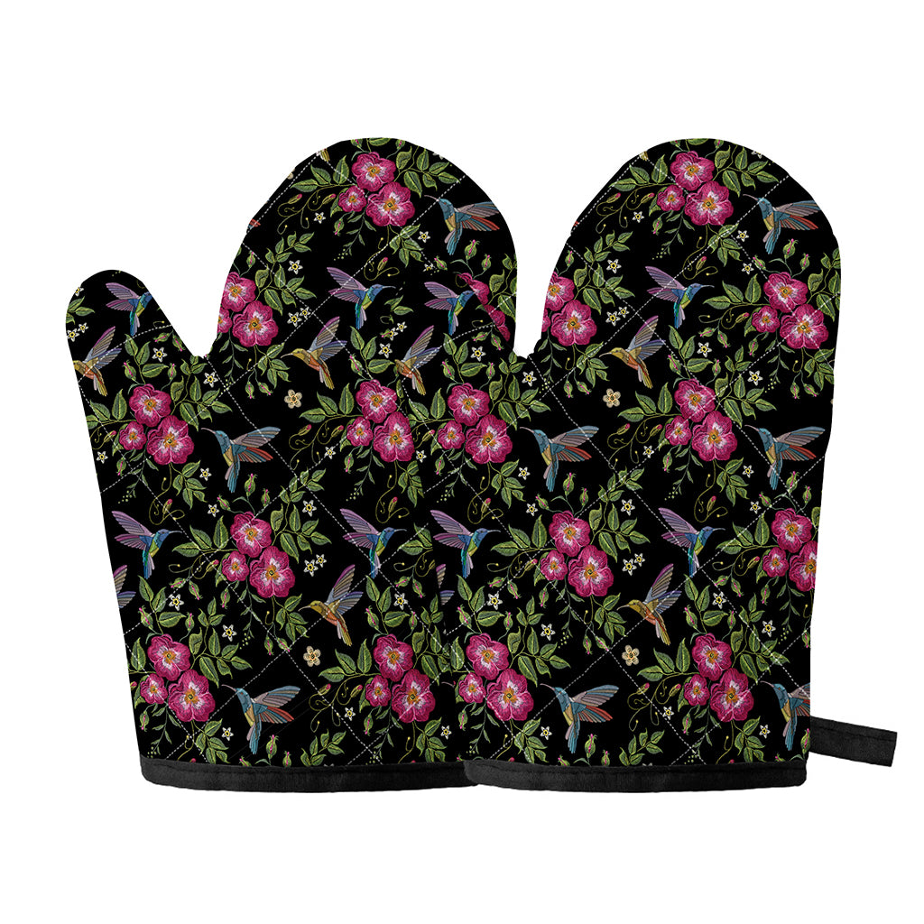 Wild Flowers And Hummingbird Print Oven Mitts