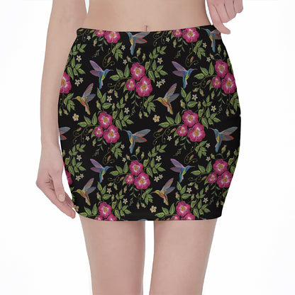 Wild Flowers And Hummingbird Print Pencil Mini Skirt
