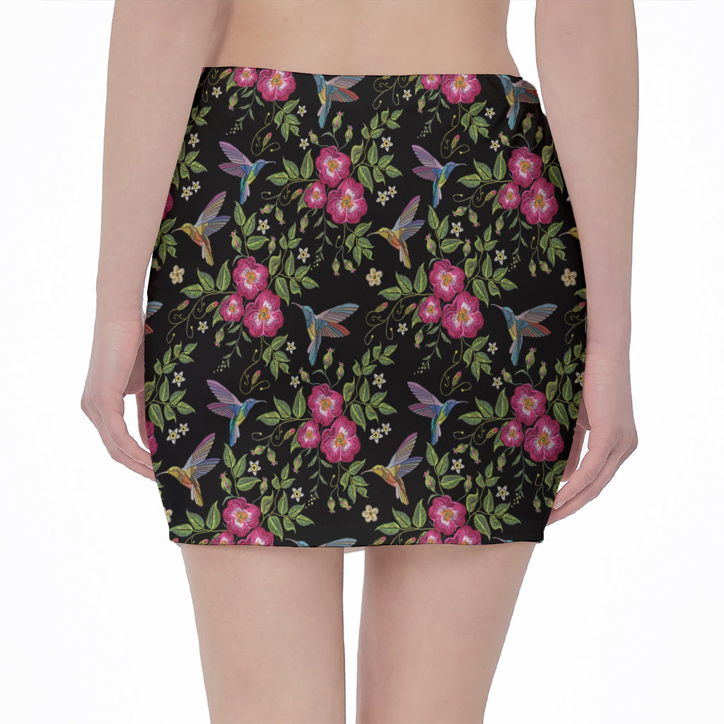 Wild Flowers And Hummingbird Print Pencil Mini Skirt
