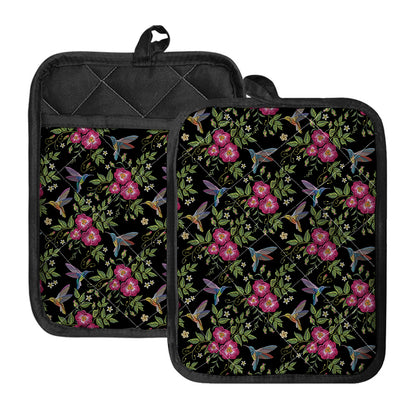 Wild Flowers And Hummingbird Print Pot Holders With Pocket