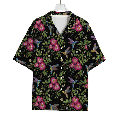 Wild Flowers And Hummingbird Print Rayon Hawaiian Shirt
