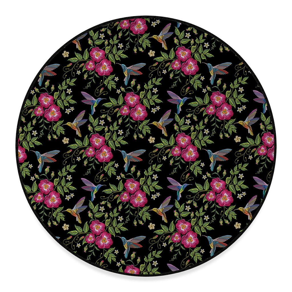 Wild Flowers And Hummingbird Print Round Floor Mat