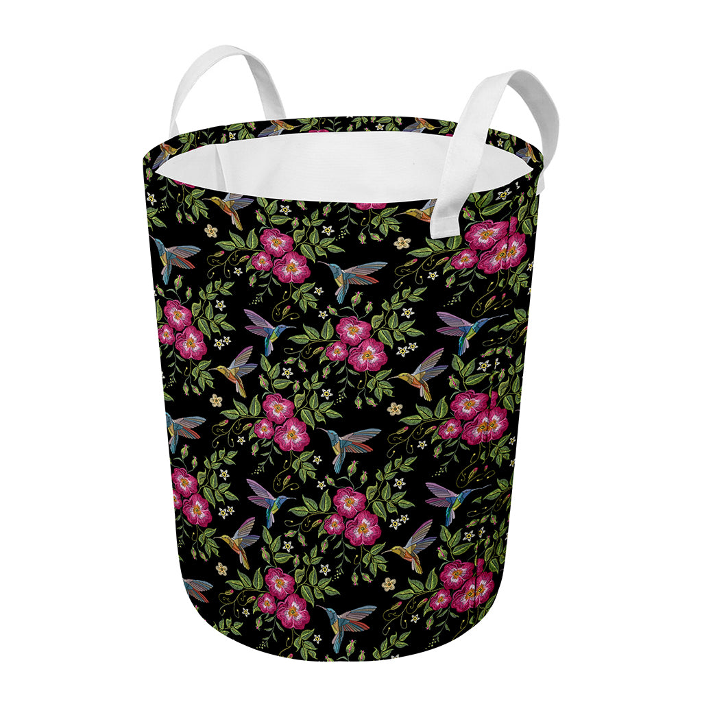 Wild Flowers And Hummingbird Print Round Laundry Basket