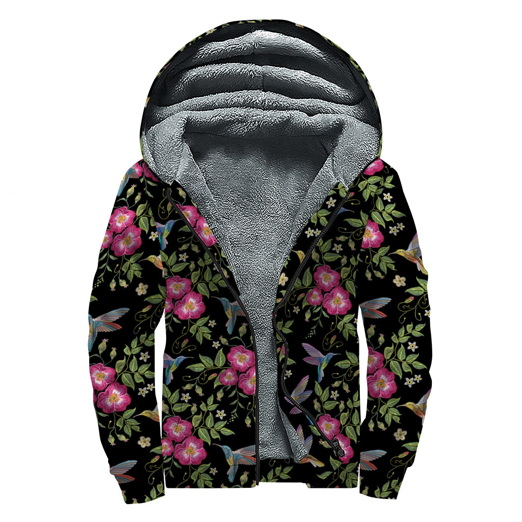 Wild Flowers And Hummingbird Print Sherpa Lined Zip Up Hoodie