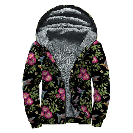 Wild Flowers And Hummingbird Print Sherpa Lined Zip Up Hoodie