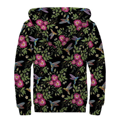 Wild Flowers And Hummingbird Print Sherpa Lined Zip Up Hoodie
