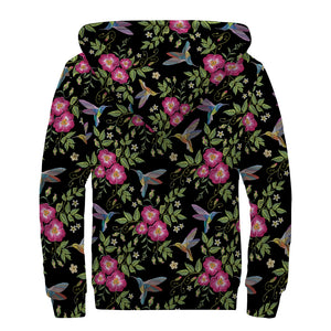 Wild Flowers And Hummingbird Print Sherpa Lined Zip Up Hoodie