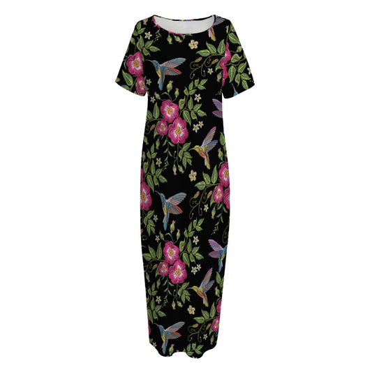 Wild Flowers And Hummingbird Print Short Sleeve Long Nightdress
