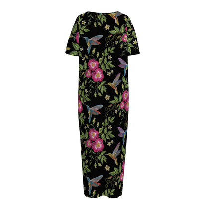 Wild Flowers And Hummingbird Print Short Sleeve Long Nightdress
