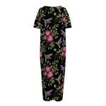 Wild Flowers And Hummingbird Print Short Sleeve Long Nightdress