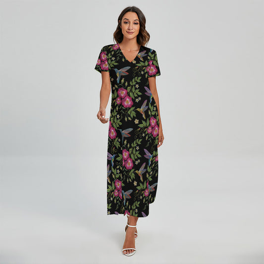 Wild Flowers And Hummingbird Print Short Sleeve Maxi Dress