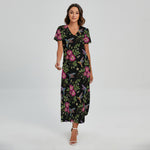 Wild Flowers And Hummingbird Print Short Sleeve Maxi Dress