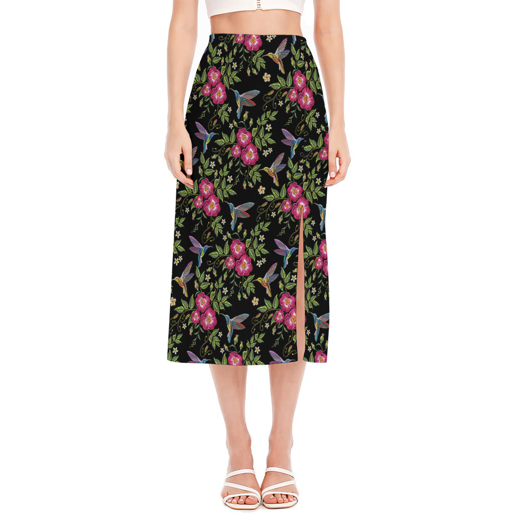 Wild Flowers And Hummingbird Print Side Slit Midi Skirt
