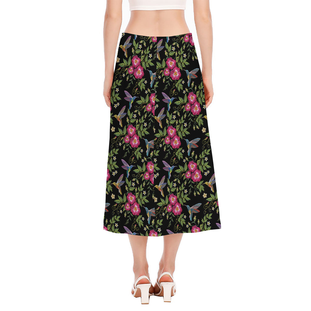 Wild Flowers And Hummingbird Print Side Slit Midi Skirt