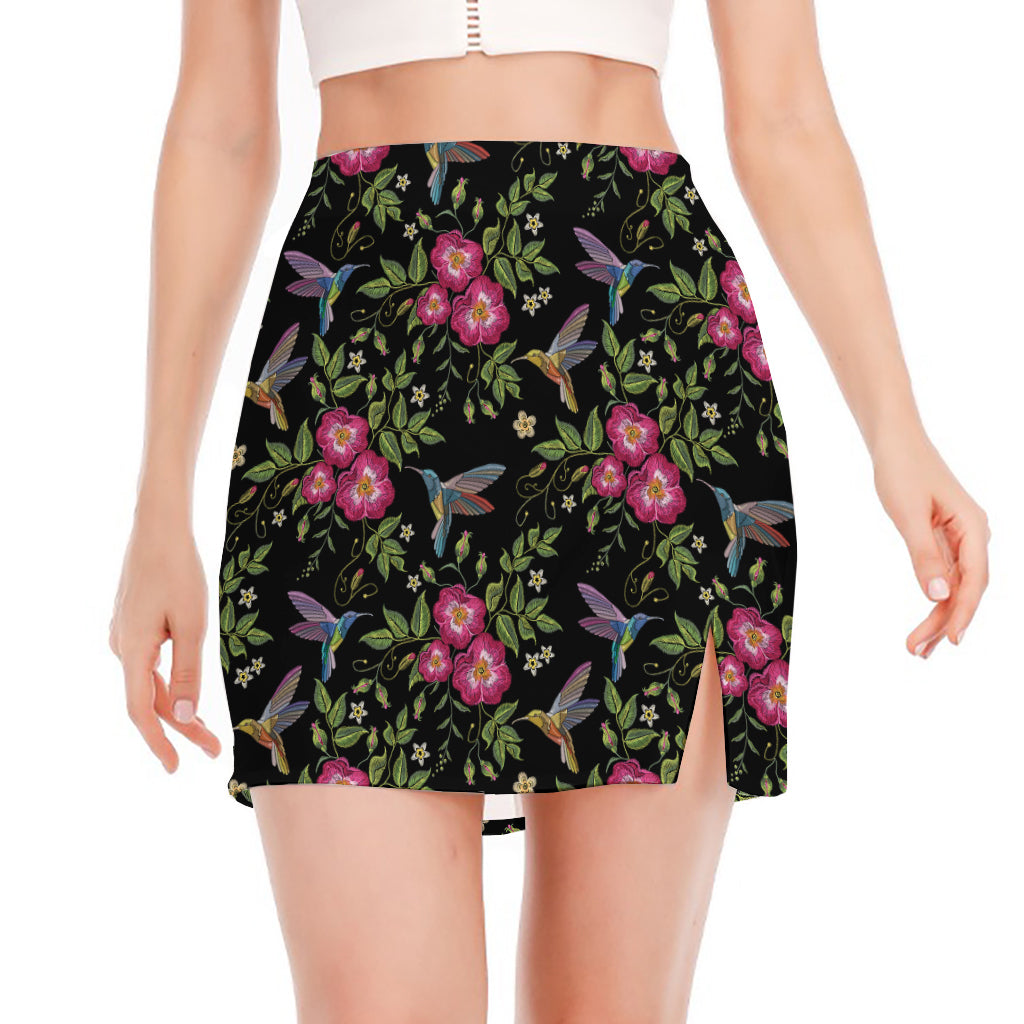 Wild Flowers And Hummingbird Print Side Slit Mini Skirt