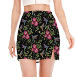 Wild Flowers And Hummingbird Print Side Slit Mini Skirt