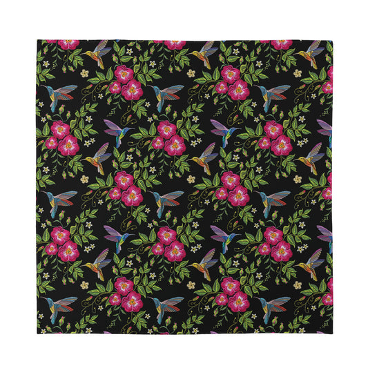 Wild Flowers And Hummingbird Print Silk Bandana