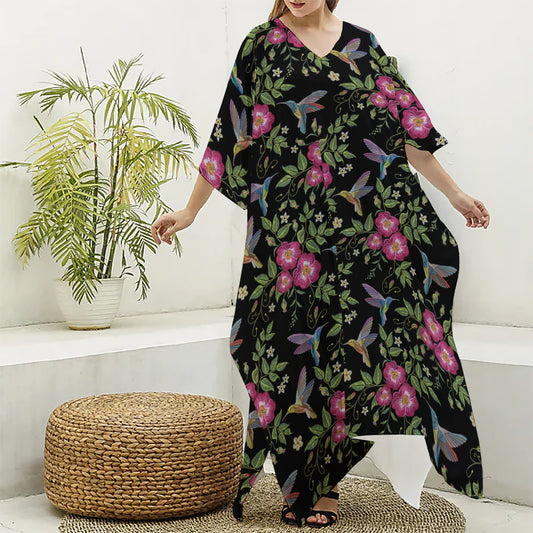 Wild Flowers And Hummingbird Print Silk V-Neck Kaftan Dress