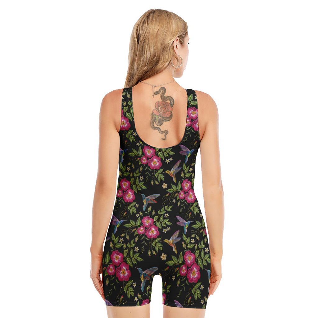 Wild Flowers And Hummingbird Print Sleeveless One Piece Swimsuit