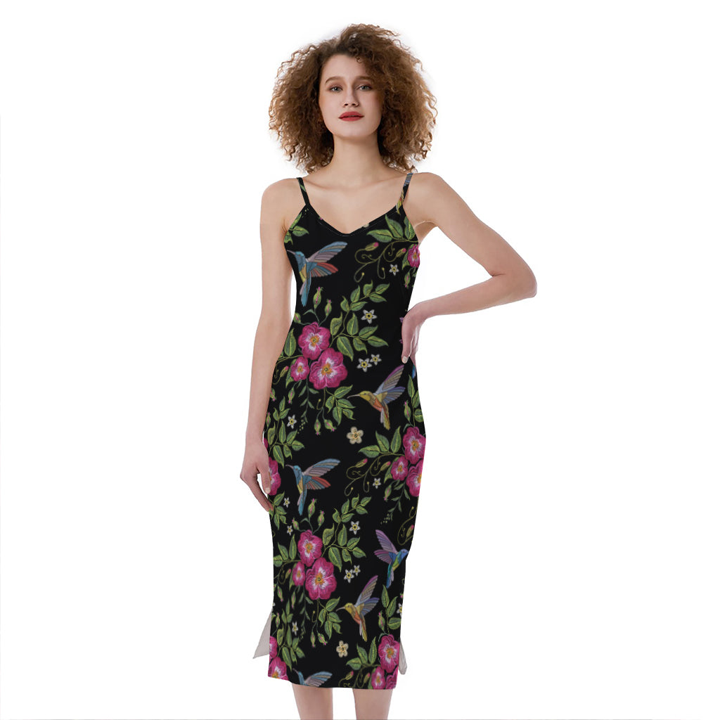 Wild Flowers And Hummingbird Print Slim Fit Midi Cami Dress