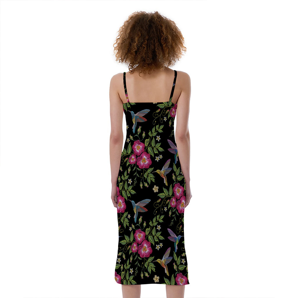 Wild Flowers And Hummingbird Print Slim Fit Midi Cami Dress