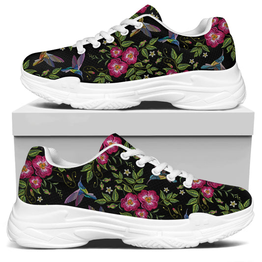 Wild Flowers And Hummingbird Print White Chunky Shoes