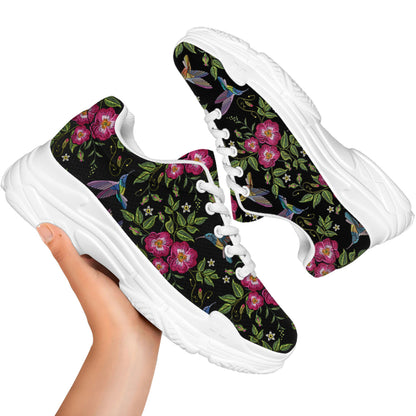 Wild Flowers And Hummingbird Print White Chunky Shoes