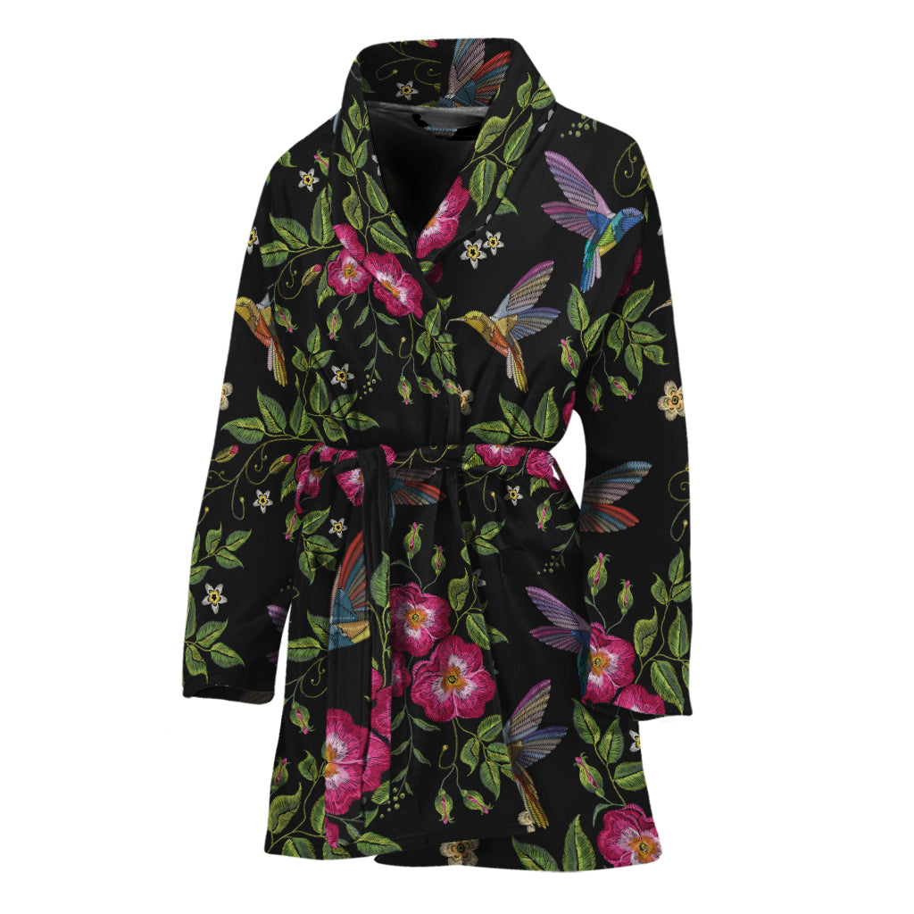 Wild Flowers And Hummingbird Print Women's Bathrobe