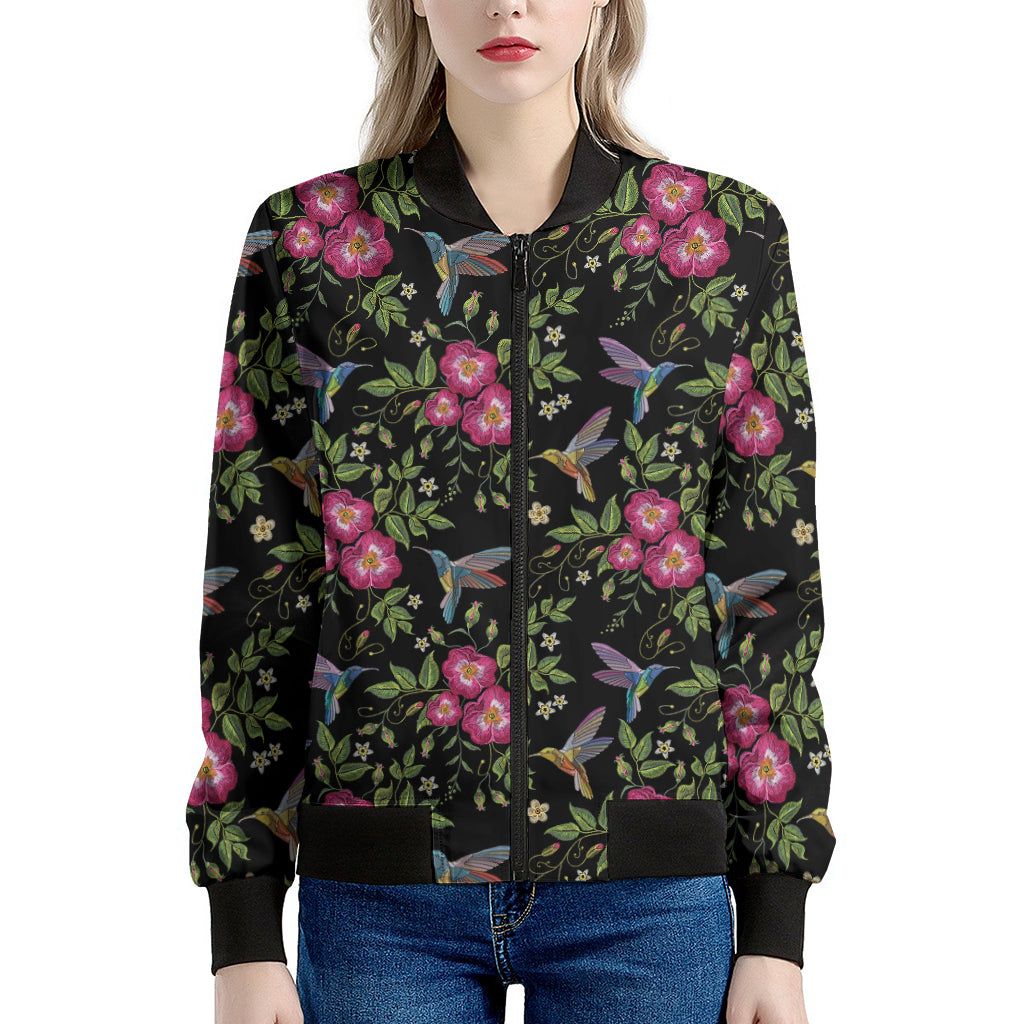 Wild Flowers And Hummingbird Print Women's Bomber Jacket