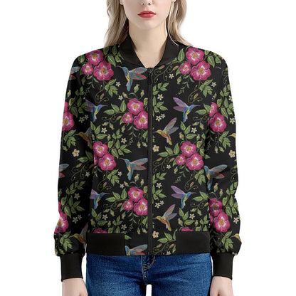Wild Flowers And Hummingbird Print Women's Bomber Jacket