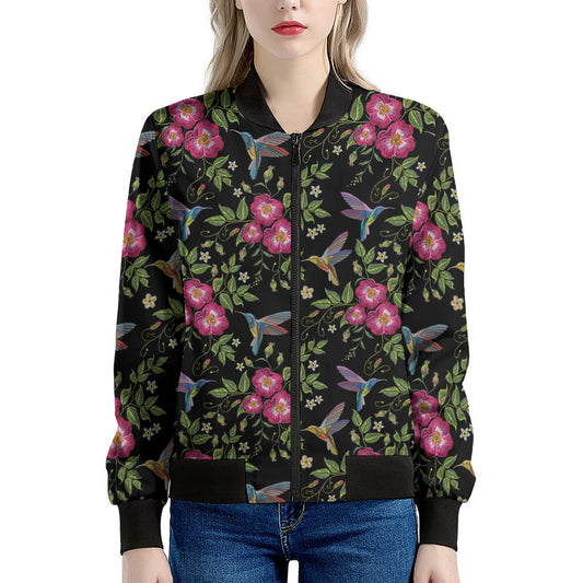 Wild Flowers And Hummingbird Print Women's Bomber Jacket